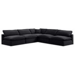 Meridian Furniture - Comfy Upholstered L-Shaped Modular Sectional, Black, 5-Piece: 4 Armless Chair, 1 Corner Chair, Velvet - Give your space a whole new look with this black Comfy velvet sectional. This handsome sectional fits nicely with other items in the Comfy collection and is a versatile seating option designed for adaptability, comfort and style. Wrapped in rich black durable velvet upholstery, this sectional offers a plush embrace of overstuffed down feather cushions, carefully crafted to deliver the highest level of comfort. The perfect seat for creating an oasis for relaxation, this sectional has thick foam surrounding its frame for added support and coziness.