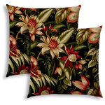 Joita - DAHLIA Indoor/Outdoor Pillows (Set of Two) - Do you LOVE hanging out outside? Making your outdoor space comfortable AND beautiful? Well, so do we! There's not a more budget friendly way to make your outdoor area look fresh and inviting then adding an outdoor pillow, placemat, or even 2 or 3! DAHLIA is Victorian in color with deep hues of tan, black, green, red, salmon, rust and khaki - but transitional in print with large flowers amid subtle green leaves. Choose from lumbar (14" x 20"), chair size (18" x 18"), sofa size (20" x 20") or back cushion size (23.5" x 26") - perfect when you want an inexpensive way to replace your back cushions with a little pop! Whichever you choose, it will be resistant to mildew, water, stains, and fading. And don't worry about cleaning - just brush off the loose dirt or gently hose them down.