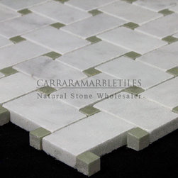 White Carrara Marble Italian Bianco Carrera Basketweave Mosaic Tile with Green D - Products