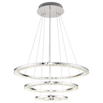 3-Tier Clear Crystal Ring LED Light Fixture, Chrome Stainless Steel Frame