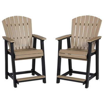 2 Pack Contemporary Patio Barstool, Slatted Seat With Arms & Footrest, Turquoise