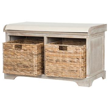 Contemporary Storage Bench, Pine Frame With Linen Seat & Baskets, Washed White