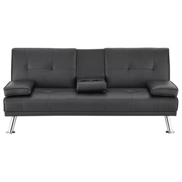 Modern Convertible Futon, Faux Leather Seat With Drop Down Cup Holders