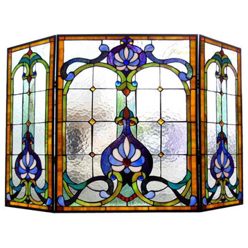 CHLOE Tiffany-glass 3pcs Folding Victorian Fireplace Screen 44" Wide