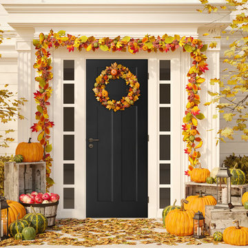 Fall Decorated Entryway of a Craftsman Style Home with a Heritage Series Door