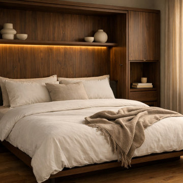Modern Murphy Bed with Built-In Shelf Lighting and Wood Panel Storage
