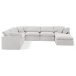 Meridian Furniture - Indulge Upholstered Modular U-Shaped Sectional, Cream, 7-Piece: 3 Armless Chair, 3 Corner Chair, 1 Ottoman, Down Stuffed Velvet - Experience ultimate comfort and style with our cream velvet Indulge Sectional. The luxurious velvet will elevate the aesthetic of any room. This sofa provides ample space for you to relax while its modular build offers the option of unlimited configurations. Whether you're looking to add a stylish element to your living room or a comfortable seating option to your bedroom, this sofa is the perfect choice.