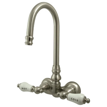 Wall Mounted Bathtub Faucet, White Porcelain Lever Handles, Brushed Nickel
