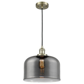 1-Light Large Bell 12" Pendant, Antique Brass, Glass: Plated Smoked