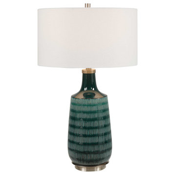 Elegant Carved Teal Blue Green Ceramic Table Lamp Ribbed Textured Vertical Lines