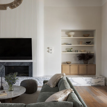 Living Room and Fireplace View in Modern Mediterranean Custom Home