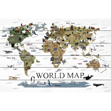 "World Map of Animals" Painting Print on White Wood, 12x8