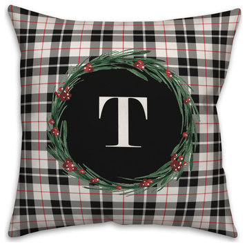 Black Plaid Monogram Wreath T 18x18 Spun Poly Pillow