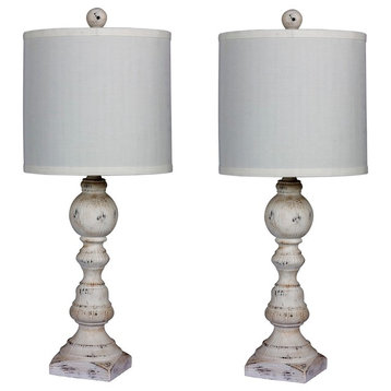 26" Distressed Balustrade Resin Table Lamps, Cottage Antique White, Set of 2