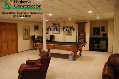 Mid-sized elegant underground carpeted basement photo in Detroit with beige walls