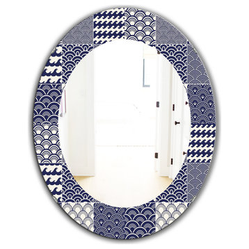 Designart Japanese Ocean Wave Pattern Frameless Oval Or Round Wall Mirror, 24x36