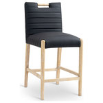 Meridian Furniture - Aimee Upholstered Counter Stool, Black, Vegan Leather, Natural Oak Finish - A perfect fusion of modern elegance and eco-friendly luxury is the Aimee black vegan leather counter stool. Upholstered in sleek vegan leather, this counter-height stool offers a chic, contemporary look while maintaining a commitment to sustainable living. The padded, quilted design featuring solid natural oak wood legs creates a stunning contrast between its soft upholstery and minimalist frame.