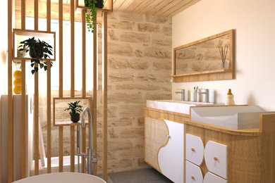Cette image montre une salle de bain minimaliste avec une baignoire indépendante, WC suspendus, un carrelage jaune, mosaïque, un mur beige, une grande vasque, un sol gris, meuble simple vasque et meuble-lavabo sur pied.