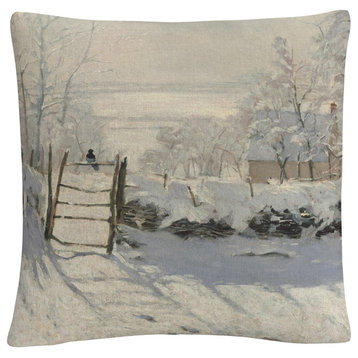 Claude Monet  'The Magpie, 1869' 16"x16" Decorative Throw Pillow