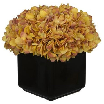 Artificial Gold/Burgundy Hydrangea in Large Black Cube Ceramic