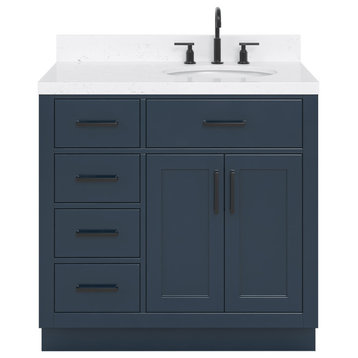 Ariel Hepburn 36" Right Offset Single Oval Sink Vanity, Carrara Quartz, Midnight Blue