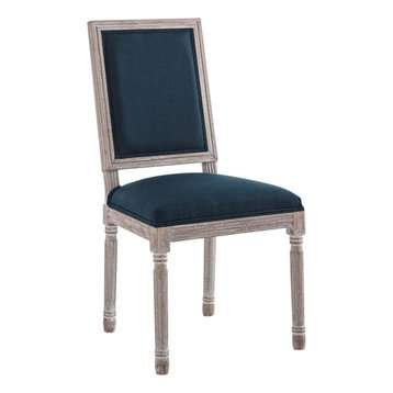 Unique Dining Chair, Floret Carved Frame With Padded Seat & Square Back, Blue