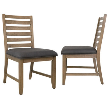 Slat Back Dining Side Chairs, Set of 2, Gray Upholstered Padded Seat