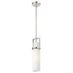 Innovations Lighting - Utopia 1 Light 15" Stem Hung Pendant, Polished Nickel, Matte White Glass - Modern and geometric design elements give the Utopia Collection a striking presence. This gorgeous fixture features a sharply squared off frame, softened by a round glass holder that secures a cylindrical glass shade.
