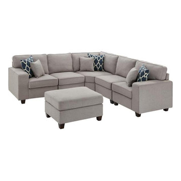 Sonoma 6 Piece Modular Sectional Sofa with Ottoman in Light Gray Linen Fabric