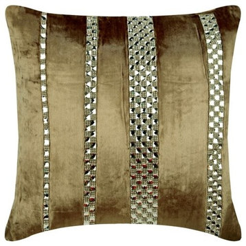 Beige Decorative Pillow Cover, Silver Sequins 14"x14" Velvet, City Of Silver