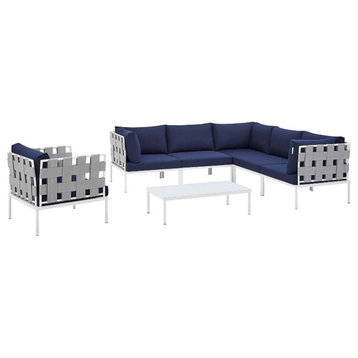 Modway Harmony 7-Piece Fabric Patio Sectional Sofa Set in Navy/Gray