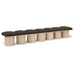 Meridian Furniture - Pavilion Black Boucle Fabric Bench, Brown, Natural Finish, 108.5" W X 18" D X 17.5" H - Bring valuable seating and remarkable style to your space with this Brown Pavilion boucle fabric bench, an exquisite balance of style and usability for the entryway, bedroom, and beyond. Crafted from oak veneer with a natural finish, this bench has a 4-inch-thick seat cushion that's channel-tufted for a touch of luxury. The bench's columnar bases add a dash of art deco design, making it a captivating focal point in any room.