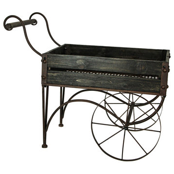 24 Inch Rustic Black Wood & Metal Wagon Cart Style Plant Stand 17in x 11.5in x