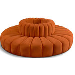 Meridian Furniture - Arc Upholstered Outward Curved Modular Sectional, Cognac, 8-Piece: Reverse Corner (8), Velvet - Give your living room or den the perfect blend of style and versatility with this Arc velvet fabric curved modular Sectional. Part of the Arc modular furniture collection, this Sectional comes upholstered in rich cognac velvet fabric and features deep channel tufting that adds a touch of luxury while enhancing comfort and support. A seamless combination of form and function, this chair can be used with other Arc pieces to create a myriad of configurations in your well-curated room.
