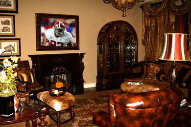 Large elegant formal and enclosed medium tone wood floor living room photo in Birmingham with beige walls, a standard fireplace, a wood fireplace surround and a concealed tv