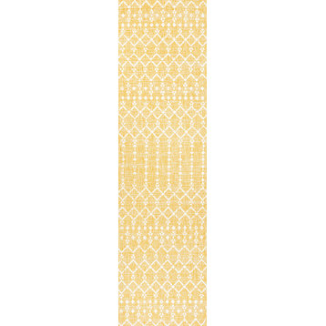 Ourika Moroccan Geometric Indoor/Outdoor Rug, Yellow/Cream, 2x8