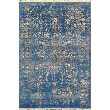 Transitional Hand Knotted Bsilk and Wool Area Rug, 4' 1" X 6' 2", Blue/Gold