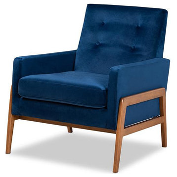 Perris Mid-Century Modern Navy Blue Velvet Fabric Upholstered and Walnut...