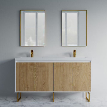 Dello 60" Double Bathroom Vanity Set With Rectangle Legs, Oak