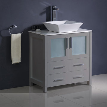Torino Modern Bathroom Cabinet With Top and Vessel Sink, Gray, 30"