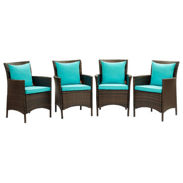 Conduit Outdoor Patio Wicker Rattan Dining Armchair Set of 4, Brown Turquoise
