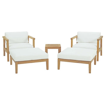 Modern Outdoor Lounge Chair Ottoman and Side Table Set, Wood, White Natural