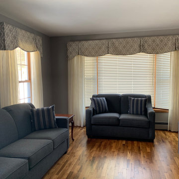 Scallop Pleated Valances with Pinch Pleat Sheers, over Wood Blinds