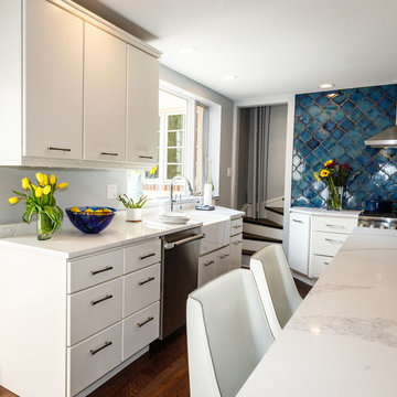 Transitional Kitchen | Oversized Quartz Countertops and Blue Moroccan Backsplash