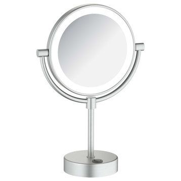 Circular LED Free Standing Magnifying Make Up Mirror, Brushed Nickel