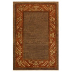 Bareens Designer Rugs - Bohemian Ziegler Nilda Brown Rust Hand-Knotted Wool Rug - 4'1'' x 5'9'' - Enhance the ambiance of your home with this magnificent Persian-influenced Turkish hand-knotted rug made by skilled artisans capable of creating the most exceptional vegetable dyes and hand-spun wool. This exquisite handmade rug is a one-of-a-kind  Kafkaz, otherwise identified as Chobi, Chobi Peshawar, Oushak, or Ziegler rug. These handmade rugs are crafted in Pakistan utilizing superior-quality wool imported from Australia, New Zealand, and Korea in two types of weaves: the Persian weave and the Mori weave. This rug is meticulously crafted by hand using the finest natural vegetable dyes extracted from local plants. The artisans use a blend of hand-spun local and fine merino wool, resulting in a rug with a compelling texture, higher lanolin content, and longer staple. The artisans occasionally incorporate natural or artificial silk into the pile to enhance specific motifs. The finished product is an awe-inspiring execution of flawless design and an understated palette that exudes elegance.