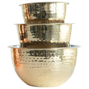 Hammered Stainless Steel Bowls, Gold Finish, 3-Piece Set