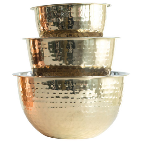 Hammered Stainless Steel Bowls, Gold Finish, 3-Piece Set