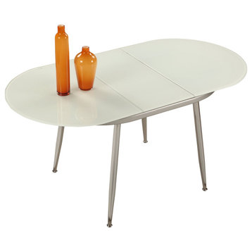 Contemporary Dining Table, Sturdy Metal Base & Extendable Oval White Glass Top