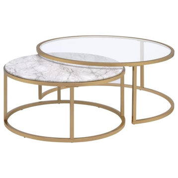 Set of 2 Coffee Table, Nesting Design With Golden Base and Faux Marble/Glass Top